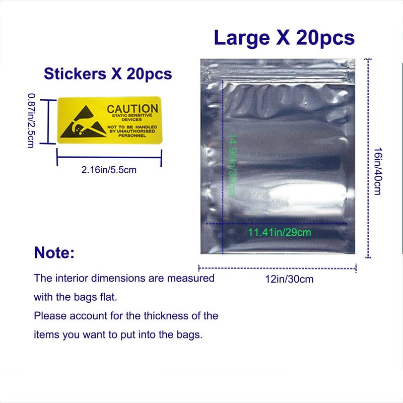 Mobudy Antistatic Bags ESD Shielding Bag with Anti-Static Labels for Hard Drive SSD HDD Motherboard Video Card RAM Electronic Devices (20pc ziplock 12 * 16 in) - Image 2